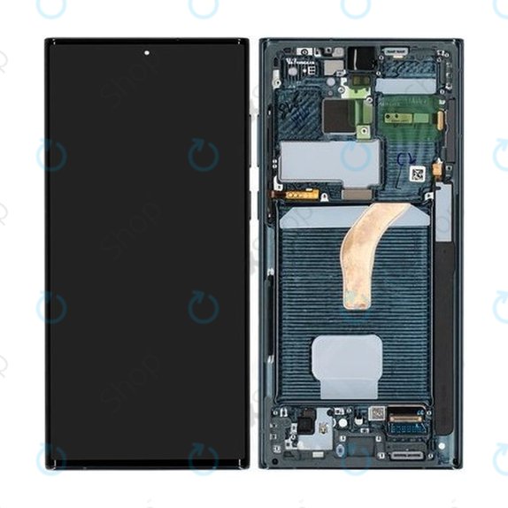 Samsung Galaxy S22 Ultra S908B - LCD Kijelző + Érintőüveg + Keret (Green) - GH82-27489D, GH82-27488D Genuine Service Pack
