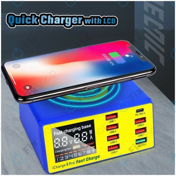 Mechanic iCharge 8 Pro - USB Töltőállomás (6x USB, 1x USB 3.0, 1x USB-C, 1x Vezeték Nélküli Töltő)