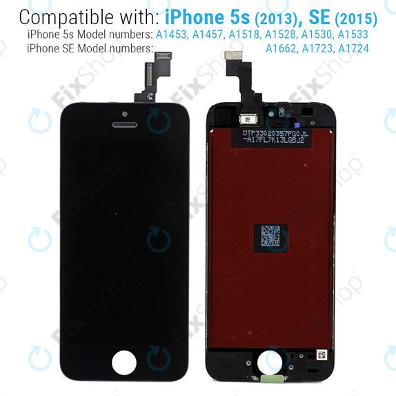 Kijelző iPhone 5S, SE, Black, Érintőüveg kerettel