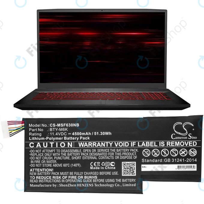Akkumulátor MSI GF63, MSI GF75, MSI GS63, 4500mAh, Li-Pol, 11.4V, BTY-M6K, HQ