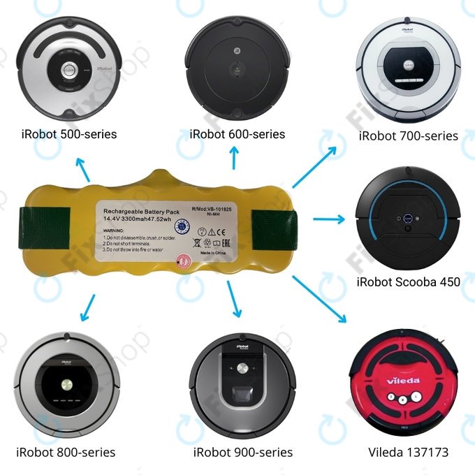 iRobot Roomba 500, 600, 700, 800, 900-series, R3, Scooba 450, Vileda 137173 - Akkumulátor 11702, GD-Roomba-500, VAC-500NMH-33 Ni-MH 14.4V 3300mAh
