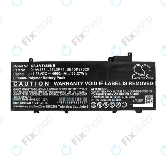 Akkumulátor Lenovo ThinkPad T480S, 4600mAh, Li-Pol, 11.58V, 01AV478, HQ
