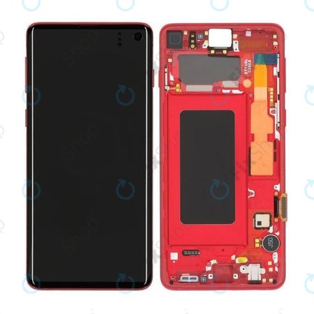 Samsung Galaxy S10 G973F - LCD Kijelző + Érintőüveg + Keret (Red) - GH82-18850H Genuine Service Pack