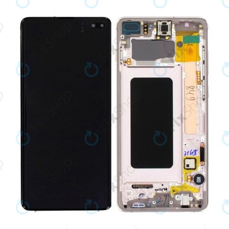Samsung Galaxy S10 Plus G975F - LCD Kijelző + Érintőüveg + Keret (Flamingo Pink) - GH82-18849D, GH82-18834D Genuine Service Pack