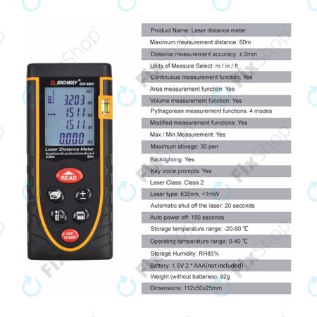 SNDWay SW-M60 - Nagy Pontosságú Lézeres Elektronikus Vonalzó (60m)