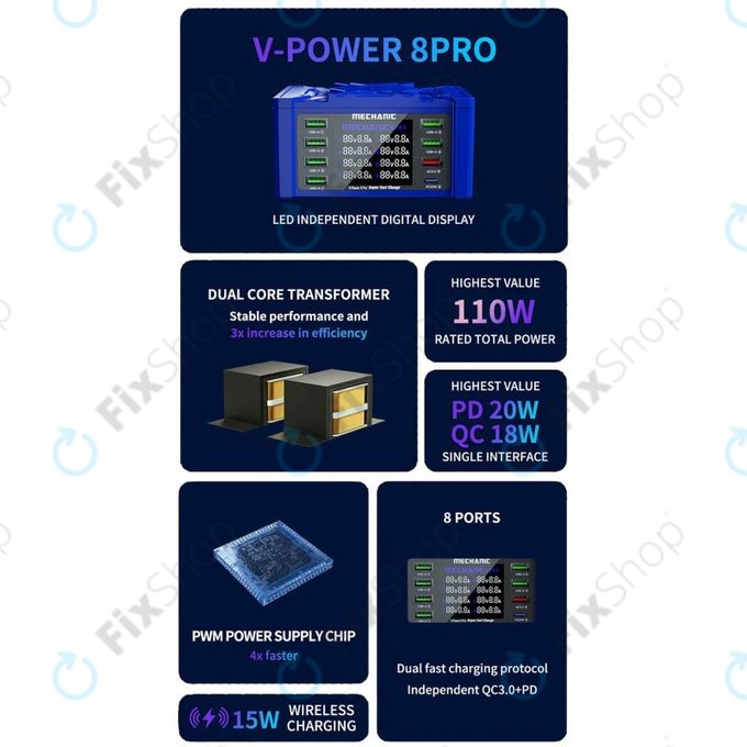 Mechanic V-Power 8 Pro - USB Töltőállomás (6x USB-A, 1x QC 3.0, 1x PD 20W)