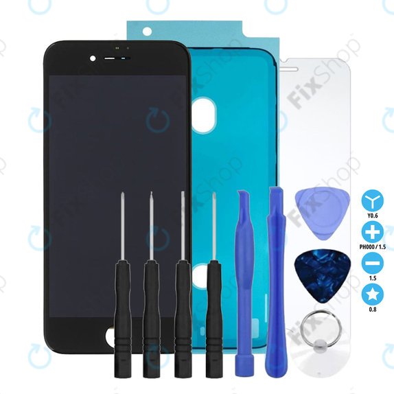 Kijelző iPhone 7, Black, Érintőüveg kerettel, Ragasztó (Adhesive), Edzett üveg, Szerszámok
