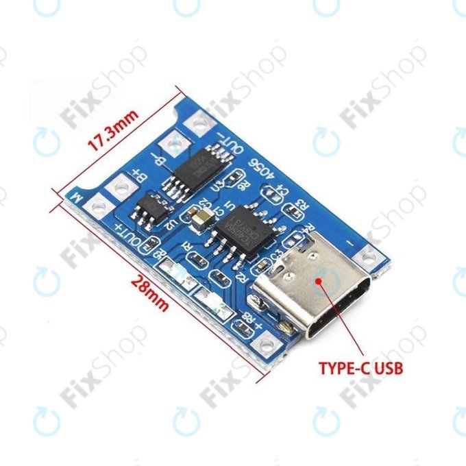 TP4056 töltőmodul 18650 Li-ion akkumulátorhoz, USB-C, 1A