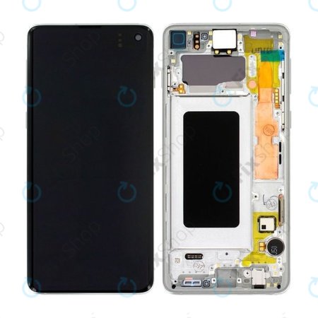 Samsung Galaxy S10 G973F - LCD Kijelző + Érintőüveg + Keret (Prism White) - GH82-18850B, GH82-18835B Genuine Service Pack