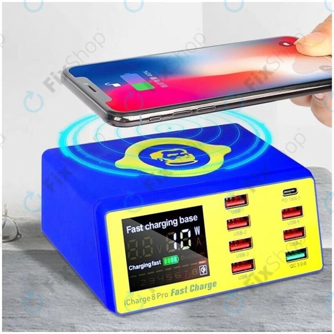 Mechanic iCharge 8 Pro - USB Töltőállomás (6x USB, 1x USB 3.0, 1x USB-C, 1x Vezeték Nélküli Töltő)
