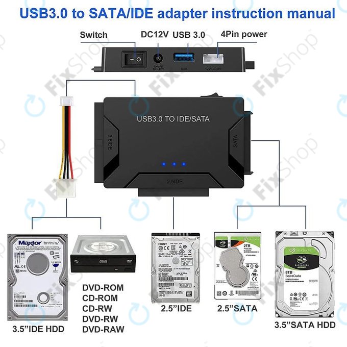 USB 3.0–SATA / IDE adapter 2.5", 3.5" HDD/SSD és optikai meghajtókhoz