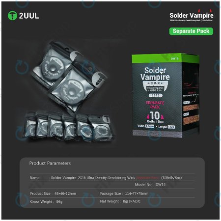 Nagy sűrűségű ónszippantó szalag, Solder Vampire, 2UUL DW16, egyedi csomagolás, 10 tekercs/doboz