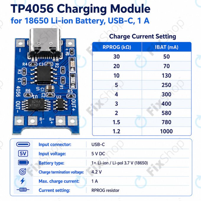 TP4056 töltőmodul 18650 Li-ion akkumulátorhoz, USB-C, 1A