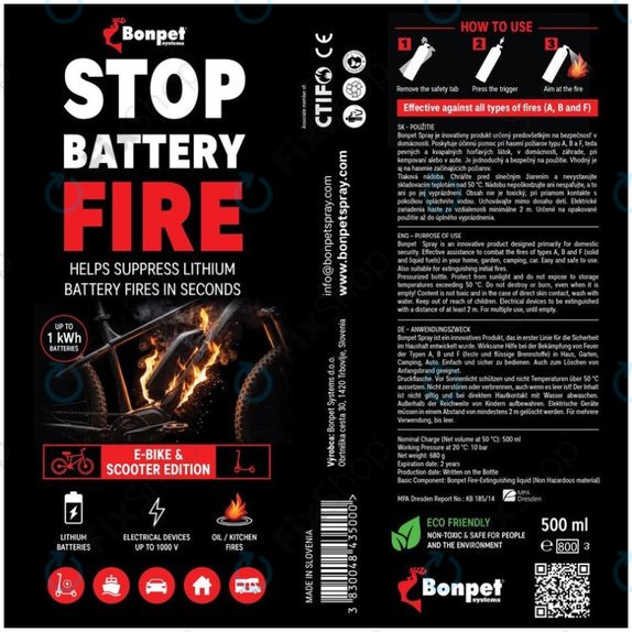 Bonpet Tűzoltó spray lítium akkumulátorokhoz, 500 ml, E-Bike & Scooter Edition
