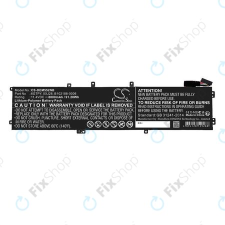 Akkumulátor Dell XPS 15, Dell Precision 9560, 9570, 8000mAh, Li-Pol, 11.4V, 6GTPY, HQ