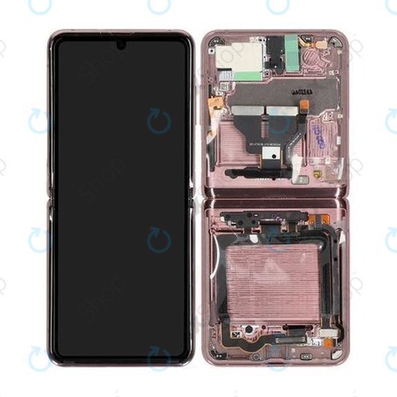 Samsung Galaxy Z Flip 5G F707B - LCD Kijelző + Érintőüveg + Keret (Mystic Bronze) - GH82-23351B Genuine Service Pack