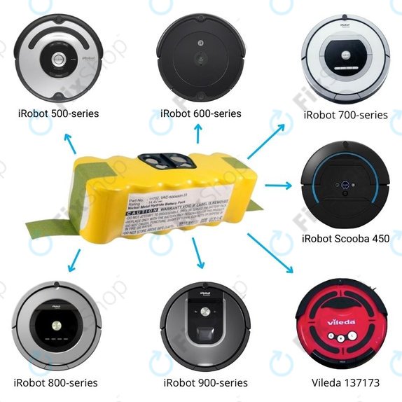 iRobot Roomba 500, 600, 700, 800, 900-series, R3, Scooba 450, Vileda 137173 - Akkumulátor 11702, GD-Roomba-500, VAC-500NMH-33 Ni-MH 14.4V 3500mAh