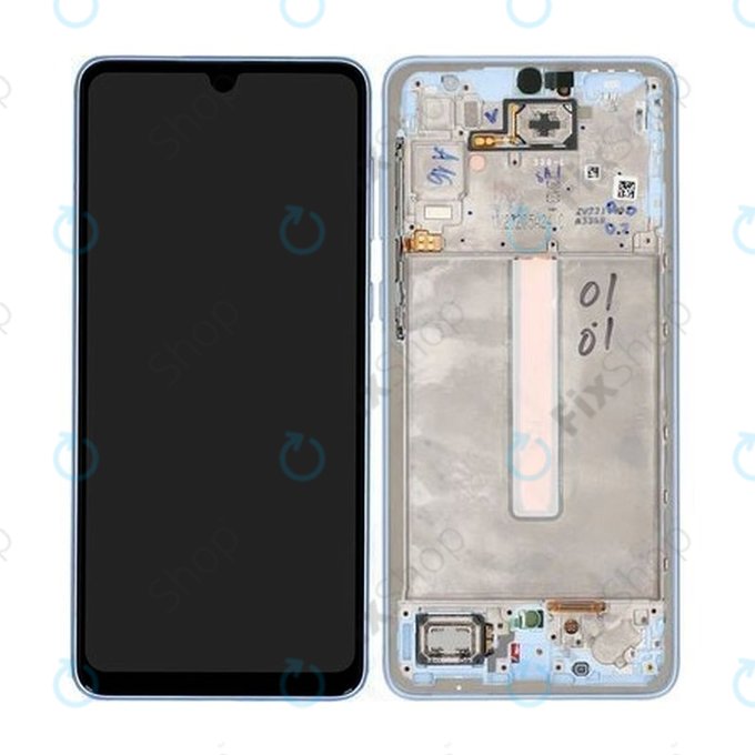 Samsung Galaxy A33 5G A336B - LCD Kijelző + Érintőüveg + Keret (Awesome Blue) - GH82-28143C, GH82-28144C Genuine Service Pack
