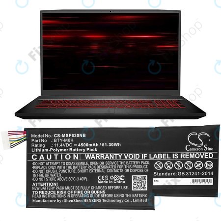 Akkumulátor MSI GF63, MSI GF75, MSI GS63, 4500mAh, Li-Pol, 11.4V, BTY-M6K, HQ