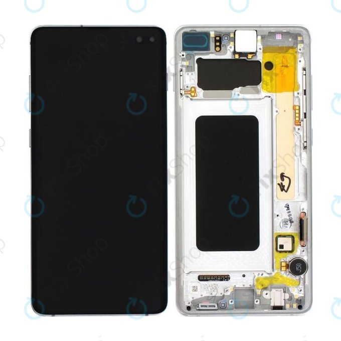 Samsung Galaxy S10 Plus G975F - LCD Kijelző + Érintőüveg + Keret (Prism White) - GH82-18849B, GH82-18834G, GH82-18849G, GH82-18834B Genuine Service Pack