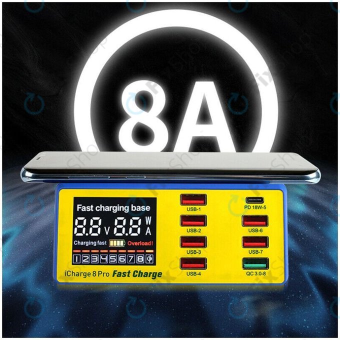 Mechanic iCharge 8 Pro - USB Töltőállomás (6x USB, 1x USB 3.0, 1x USB-C, 1x Vezeték Nélküli Töltő)