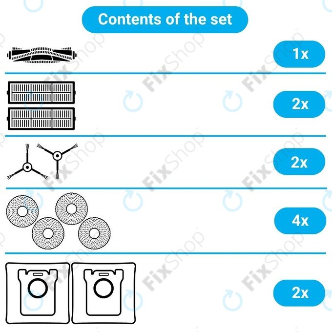Pótalkatrész készlet Xiaomi Robot Vacuum X10 robotporszívóhoz (1x Főkefe, 2x Szűrők, 2x Oldalkefék, 2x Felmosókendők, 2x Porzsákok)