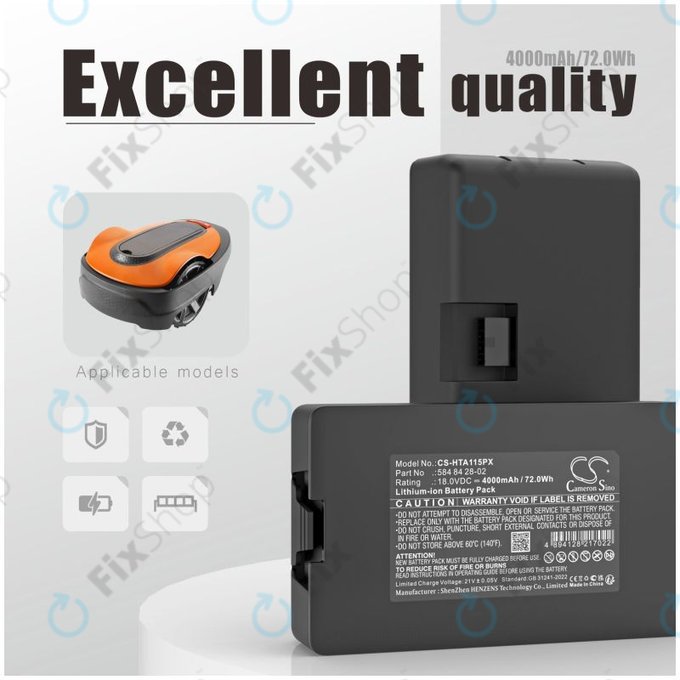 Akkumulátor Flymo Easilife 200, Gardena Automower 310, Husqvarna Automower 315X, 4000mAh, Li-Ion, 18.0V, 584 84 28-02, HQ