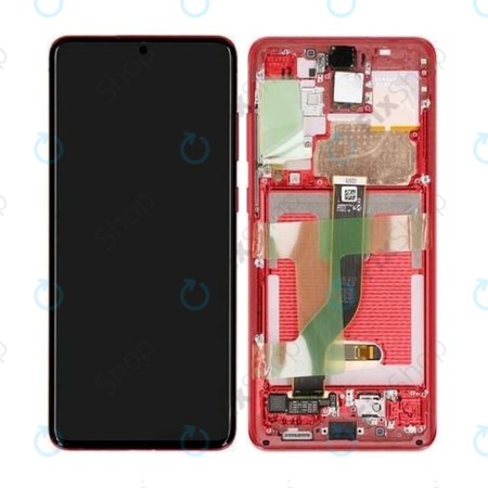 Samsung Galaxy S20 Plus G985F - LCD Kijelző + Érintőüveg + Keret (Aura Red) - GH82-22134G, GH82-22145G Genuine Service Pack