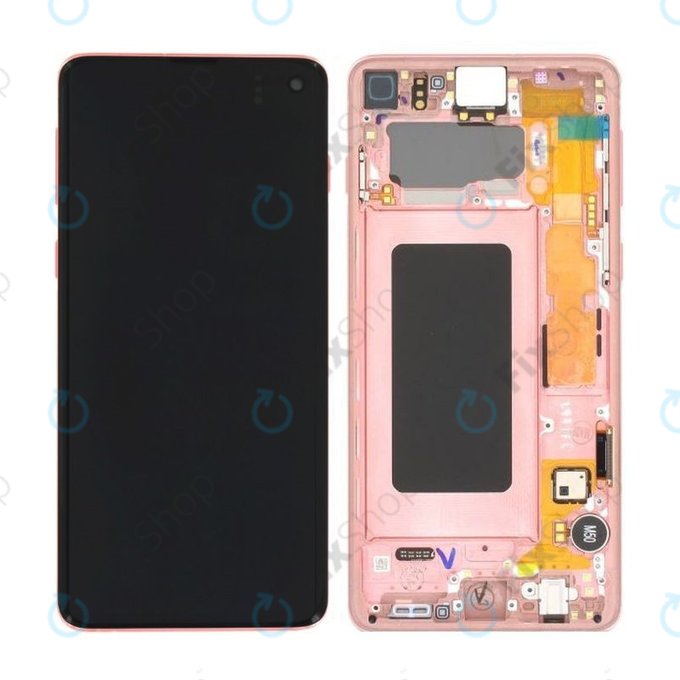 Samsung Galaxy S10 G973F - LCD Kijelző + Érintőüveg + Keret (Pink Gold) - GH82-18850D Genuine Service Pack