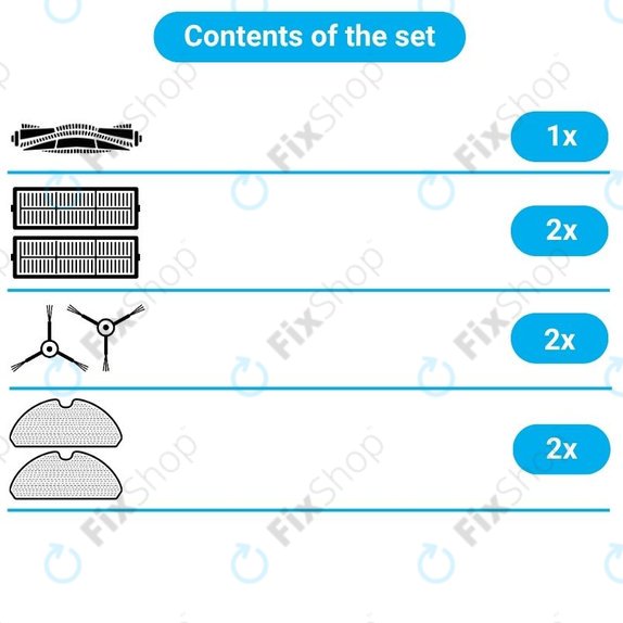 Pótalkatrész készletXiaomi Mi Robot Vacuum Mop (Mijia 1C), 2 (Mijia 2C) 2 Pro+ (Mijia 1T) (1x Főkefe, 2x Szűrő, 2x Oldalkefe, 2x Felmosórongy)