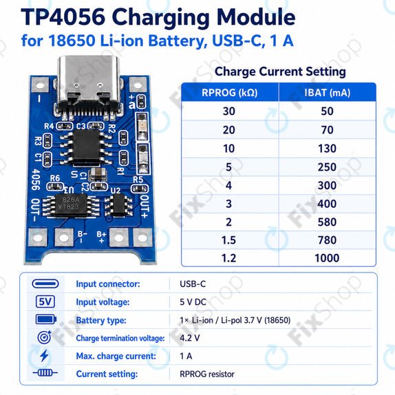 TP4056 töltőmodul 18650 Li-ion akkumulátorhoz, USB-C, 1A