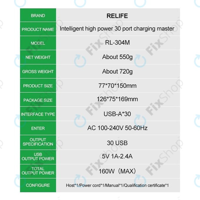 Relife RL-304M - Smart USB Töltő - 30x USB / 160W