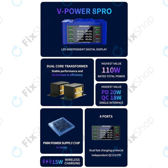 Mechanic V-Power 8 Pro - USB Töltőállomás (6x USB-A, 1x QC 3.0, 1x PD 20W)