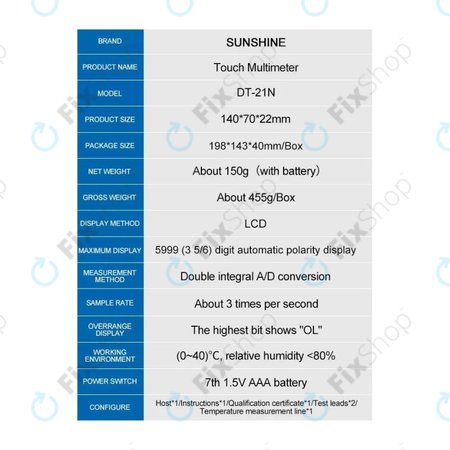 Sunshine DT-21N - Érintőképernyős Digitális Multiméter