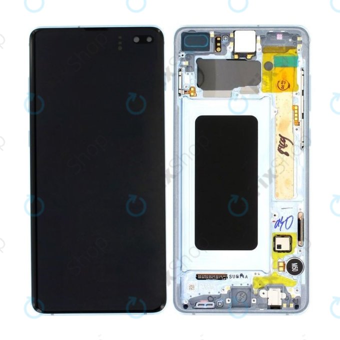 Samsung Galaxy S10 Plus G975F - LCD Kijelző + Érintőüveg + Keret (Prism Blue) - GH82-18849C, GH82-18834C Genuine Service Pack