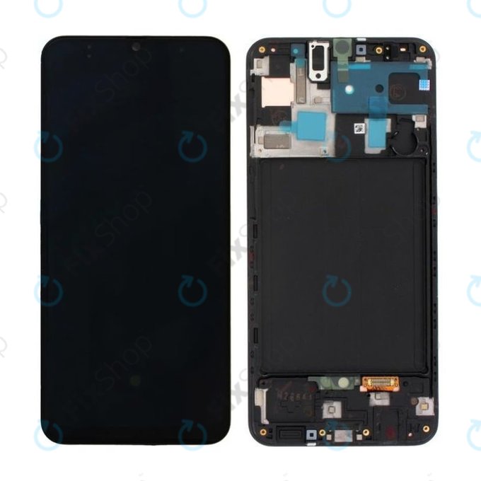 Samsung Galaxy A50 A505F - LCD Kijelző + Érintőüveg + Keret (Black) - GH82-19204A, GH82-19713A, GH82-19714A, GH82-19289A Genuine Service Pack