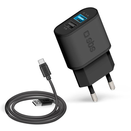 SBS - 10W Töltőadapter 2x USB + Kábel USB / USB-C, fekete