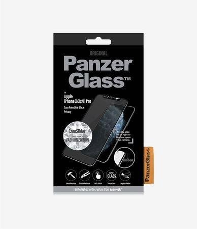 PanzerGlass - Edzett üveg - Adatvédelemhez barátságos CamSlider Swarovski iPhone 11 Pro / XS / X, fekete