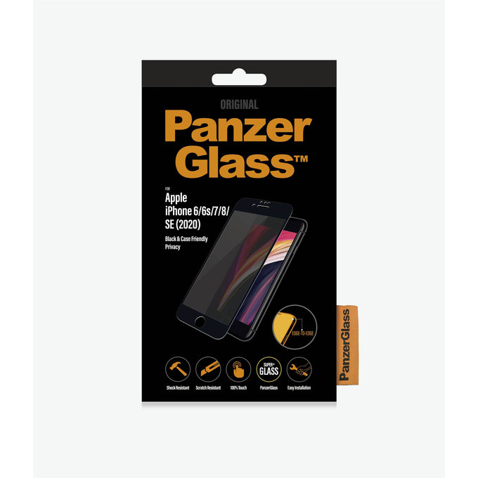 PanzerGlass - Edzett Üveg Privacy Case Friendly - iPhone 6, 6s, 7, 8, SE 2020 és SE 2022, fekete