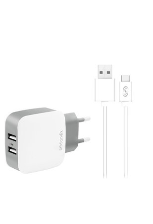 Fonex - Töltőadapter 2x USB + Kábel USB / USB-C, 10W, fehér