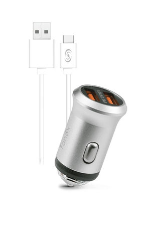 Fonex - Autó töltő 2x USB/USB-C, 10W, ezüst