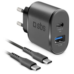 SBS - 18W Töltőadapter USB, USB-C + Kábel USB-C / USB-C, fekete