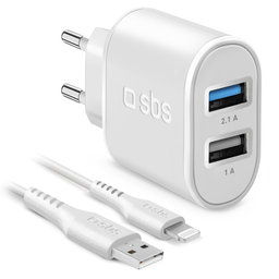 SBS - 10W Töltőadapter 2x USB + Kábel USB / Lightning, fehér