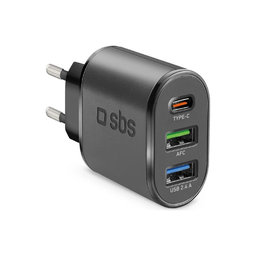 SBS - 30W Töltőadapter 2x USB, USB-C PowerDelivery, fekete