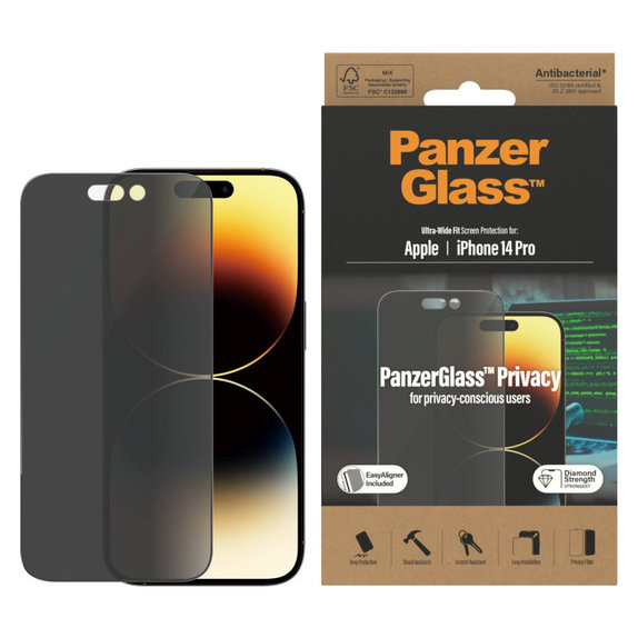 Edzett üveg UWF Privacy AB applikátorral iPhone 14 Pro készülékhez, Fekete, PanzerGlass