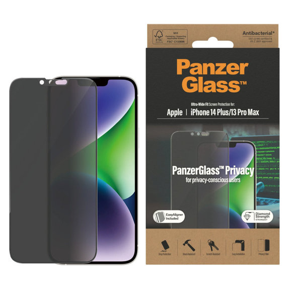 Edzett üveg UWF Privacy AB applikátorral iPhone 14 Plus/13 Pro Max készülékhez, Fekete, PanzerGlass