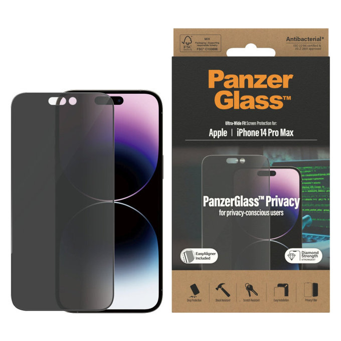 Edzett üveg UWF Privacy AB applikátorral iPhone 14 Pro Max készülékhez, Fekete, PanzerGlass
