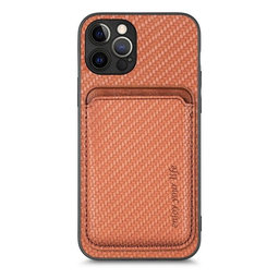 FixPremium - Karbon tok MagSafe tárcával iPhone 12 Pro Max készülékhez, barna