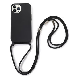 FixPremium - Szilikon tok nyakba akasztható szíjjal - iPhone 12 és 12 Pro, fekete
