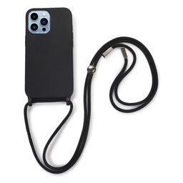 FixPremium - Szilikon tok nyakba akasztható szíjjal - iPhone 13 Pro, fekete